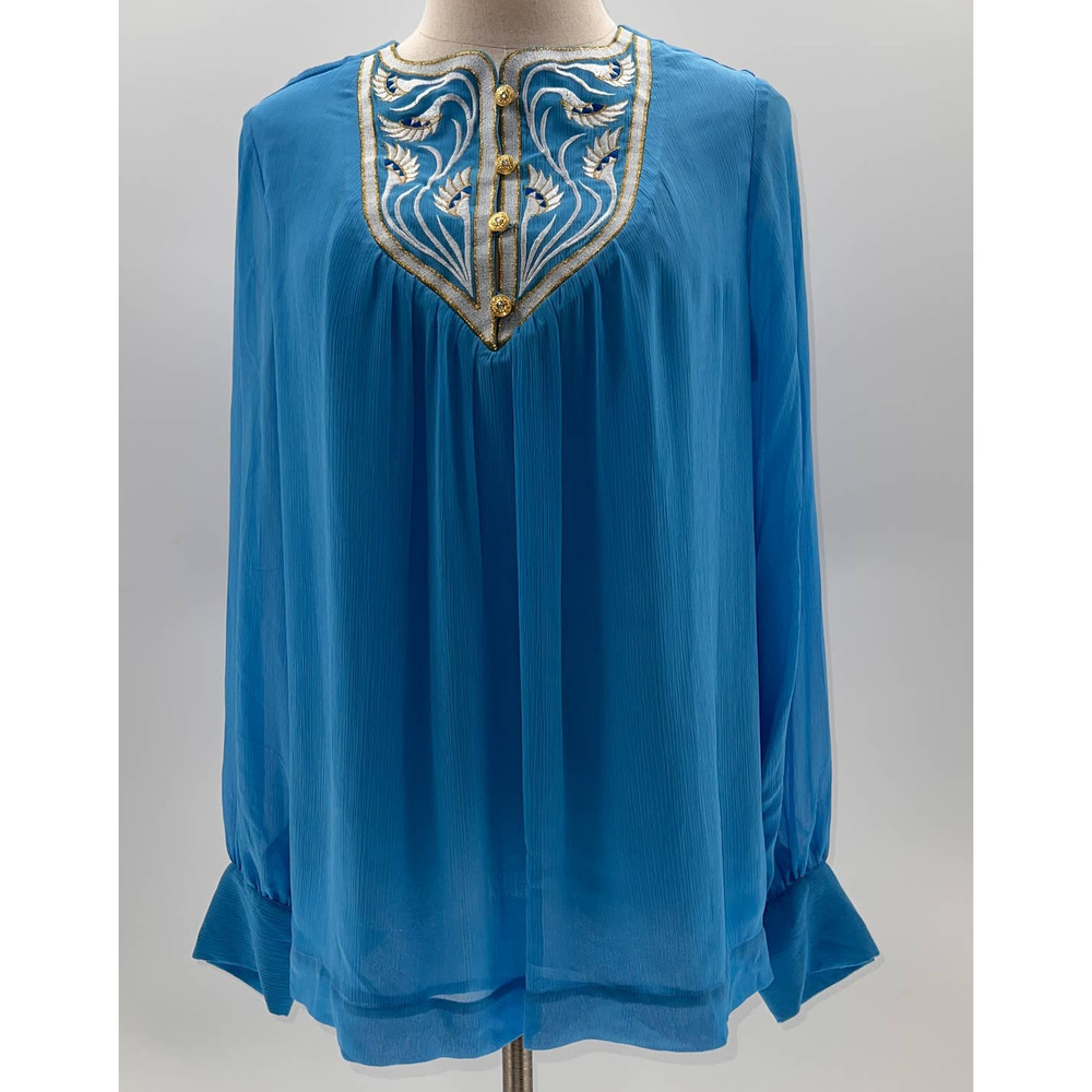 Bob Mackie 60/70's Style Blue/Gold 3/4 Button Up Lined Long Sleeve Blouse NWT- S